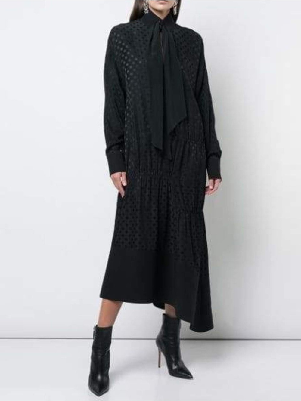 Tibi - Dot Jacquard Dolman Tie Neck Paneled Dress - Black
